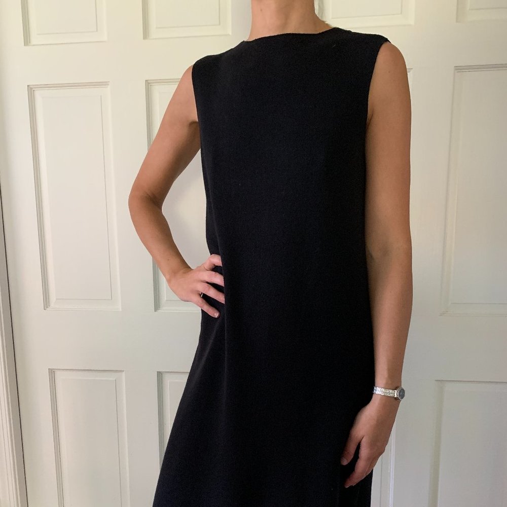 Eileen Fisher black sleeveless wool shift dress knee-length office fall winter